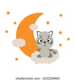 Cute little raccoon sitting on cloud. Cartoon animal character for kids t-shirt, nursery decoration, baby shower, greeting cards, invitations, house interior. Vector stock illustration
