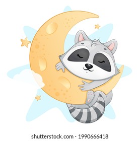 Cute little raccoon sleeping on the moon