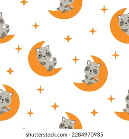Cute little raccoon sleeping on moon seamless childish pattern. Funny cartoon animal character for fabric, wrapping, textile, wallpaper, apparel. Vector illustration