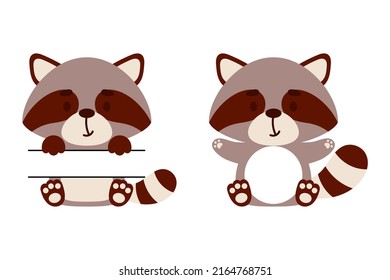 Cute little raccoon split monogram. Funny cartoon character for kids t-shirts, nursery decoration, baby shower, greeting cards, invitations, scrapbooking, home decor. Vector stock illustration