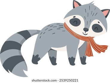 Cute little raccoon in a striped scarf. Cartoon animal character for kids t-shirts, kids room decoration, baby shower, greeting card, invitation, home interior. Stock vector illustration