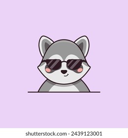 Cute little raccoon in sunglasses in cartoon style. Vector flat illustration