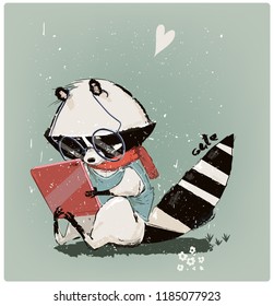 cute little raccoon with tablet