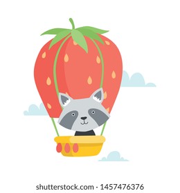 Cute Little Raccoon Travelling By Hot Air Balloon made of Strawberry, Funny Adorable Animal in Transport Vector Illustration