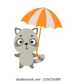 Cute little raccoon with umbrella. Cartoon animal character for kids t-shirts, nursery decoration, baby shower, greeting card, invitation, house interior. Vector stock illustration