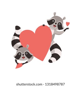 Cute Little Raccoons Holding Big Red Heart, Funny Humanized Grey Coon Animal Character Vector Illustration