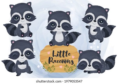 Cute little raccoons in set in watercolor illustration