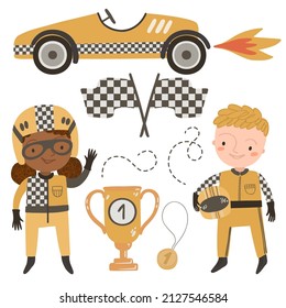 Cute little racer, girl and boy, racing car, cup, flag, medal. Race car vector illustration with kids.