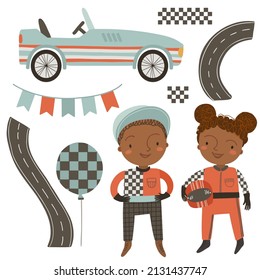 Cute little racer, girl and boy, racing car, road, hot air balloon. Race car vector illustration with dark skinned kids.