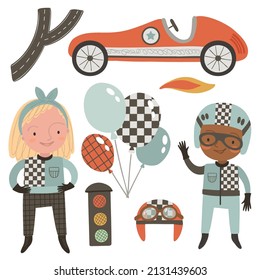 Cute little racer, girl and boy, racing car, road, balloons, traffic light, helmet. Race car vector illustration.