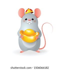 Cute little Rat with Chinese gold celebrate Chinese New Year - vector illustration isolated on transparent background