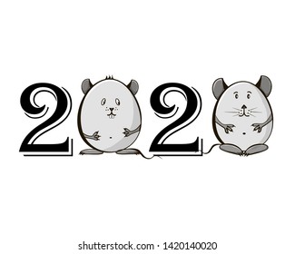 Cute little rats with the date 2020. Chinese new year of the rat. Chinese Zodiac sign for greetings card, invitation, posters, banners, calendar.