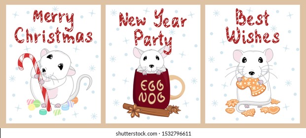 cute little rats new year and christmas greeting cards set, with gingerbread, with sweets and candy cane, in mug eggnog with cinnamon, winter holiday background, chinese zodiac animal, editable vector