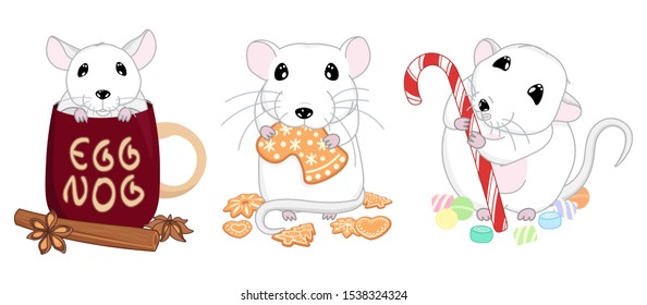 cute little rats set, isolated new year and christmas characters, with gingerbread, with sweets and candy cane, in mug eggnog with cinnamon, winter holiday background, chinese zodiac animal, editable 