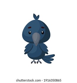 Cute little raven on white background. Cartoon animal character for kids cards, baby shower, birthday invitation, house interior. Bright colored childish vector illustration in cartoon style.