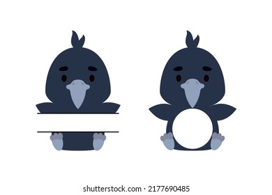 Cute little raven split monogram. Funny cartoon character for kids t-shirts, nursery decoration, baby shower, greeting cards, invitations, scrapbooking, home decor. Vector stock illustration