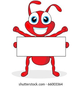 cute little red ant with blank sign