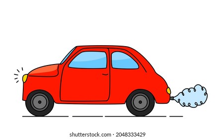 A cute little red car with an exhaust pipe and gases. linear cartoon style. vector illustration isolated on white background