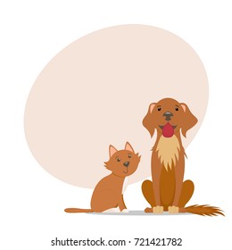 Cute little red cat, big friendly labrador dog and place for text, cartoon illustration isolated on white background. Cartoon cat, kitten and labrador dog, puppy characters, sitting together