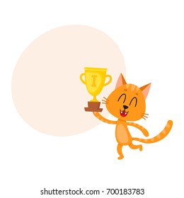 Cute little red cat character, champion holding golden winner cup, cartoon vector illustration with space for text. Baby cat, kitten animal champion holding cup for taking first place