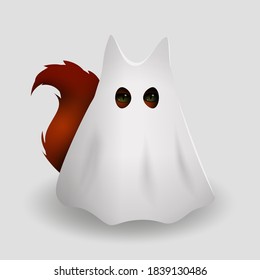 Cute little red cat with green eyes in ghost costume. Fun animal character.