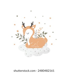 Cute little red deer sleeping on a cloud. Children's illustration for posters, fabric prints and children's cards on white background. Vector