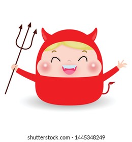 Cute little Red Devil Demon. boy kid in Halloween costume isolated on white background. Halloween Kid Costume Party Vector illustration.