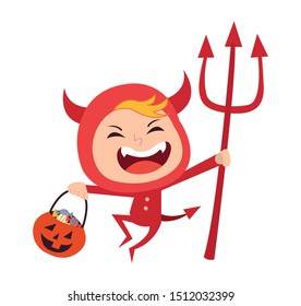 Cute little red devil demon kid vector cartoon character. Kid in halloween costume.