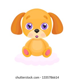 Cute little red dog  sitting on a sweet pink cloud. Cartoon bunny toy, surprising and adorable. Vector illustration for your design.