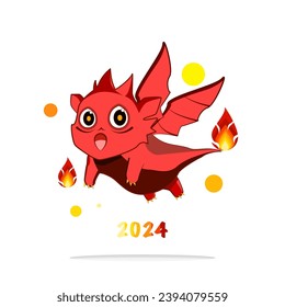 A cute little red dragon is flying on a white background with bright red lights and the numbers 2024. Chinese New Year and the animal of the year. Illustration vector for content year of the dragon 