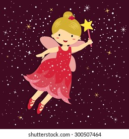 Cute Little Red Fairy. Illustration of Cute Little Red Fairy with Wand and Stardust Flying in Star Maroon Purple Background.