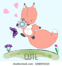 Cute little red Fox cartoon hand drawn vector illustration. Can be used for print t shirts baby, design, fashion printing, children's wear, greeting celebration and card shower invitations.