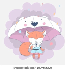 Cute little red Fox cartoon hand drawn vector illustration. Can be used for print t shirts baby, design, fashion printing, children's wear, greeting celebration and card shower invitations.