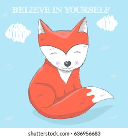 A cute little red Fox cartoon hand drawn vector illustration. Can be used for t-shirts print, fashion print design, children's clothes, shower greeting holiday invitation