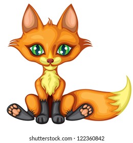A cute little red fox sits, stretching out his foot, and wags its tail. A full-color image