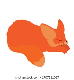 Cute little red fox is sleeping. Isolated character on a white background in flat style. For printing kids posters, cards. Can be used as mascot