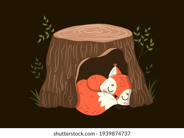 Cute little red fox sleeping in a hollow tree trunk during the darkness at night, colored vector illustration