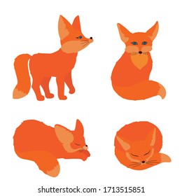 Cute little red foxes stands and looks to something, sleeps, seats. Set with isolated character on a white background in flat style. For printing kids posters, cards. Can be used as mascot