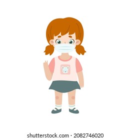 Cute little red hair girl wearing medical mask. Adorable kid in face mask. Protection children measures against the coronavirus pandemic.