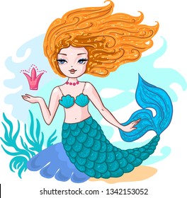 Cute little red hair mermaid with crown and seashells. Book magazine cartoon illustration, fashion artwork, t shirt print