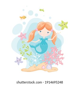 Cute little red hair mermaid and star fishes vector colorful clip art on white background