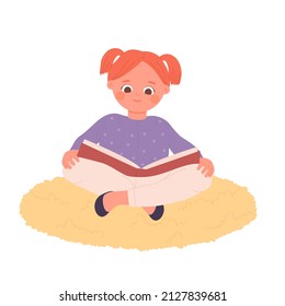 Cute little red haired girl sitting and reading storybook. Literature and book lover activity cartoon vector illustration