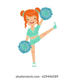 Cute little red haired girl dancing with blue pompoms. Colorful cartoon character vector Illustration