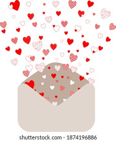 Cute little red hearts fly out of beige envelope, simple vector illustration