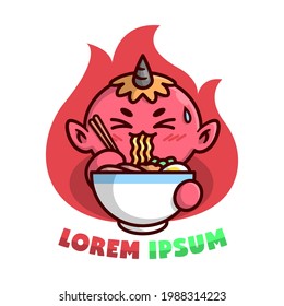 CUTE LITTLE RED JAPANESE DEVIL IS EATING HOT SPICY NOODLE. HIGH QUALITY CARTOON MASCOT DESIGN.
