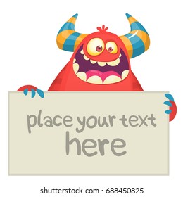 Cute Little Red Monster Cartoon Mascot Character Holding A Blank Sign. Vector Illustration Isolated On White Background