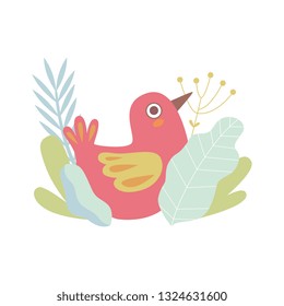 Cute Little Red Nesting Bird, Symbol of Spring Vector Illustration