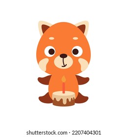 Cute little red panda with birthday cake on white background. Cartoon animal character for kids cards, baby shower, invitation, poster, t-shirt composition, house interior. Vector stock illustration