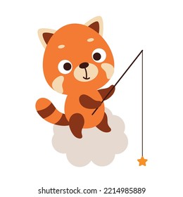 Cute little red panda fishing star on cloud. Cartoon animal character for kids t-shirt, nursery decoration, baby shower, greeting cards, invitations, house interior. Vector stock illustration