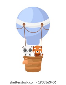 Cute little red panda, panda fly on blue hot air balloon. Cartoon character for childrens book, album, baby shower, greeting card, party invitation, house interior. Vector stock illustration.